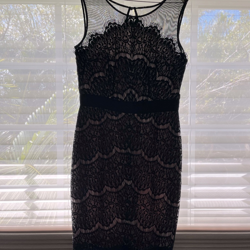 Beautiful and elegant Black lace & light pink satin knee length cocktail Dress
